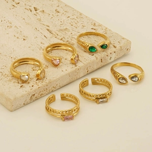Vintage gold stainless steel rings with colorful zircon heart and teardrop stones