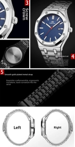 Detailed views of men's octagonal steel watch with blue tapisserie dial and date window