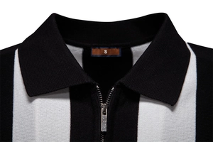 Detailed view of striped knit polo shirt with high-quality metal zipper and texture