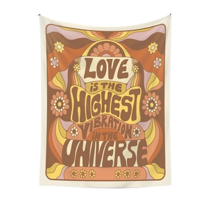 Bohemian tapestry featuring Love Is The Highest Vibration text for wall decoration