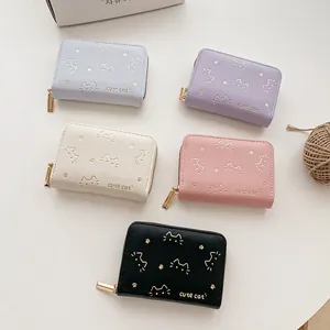 Cute cat PU leather accordion wallets in five colors with golden zipper and kitty prints