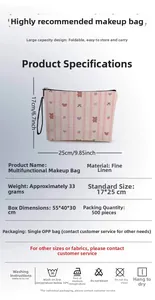 Detail of beige linen makeup bag showing bear print, 17x25cm size and zipper closure