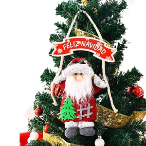 Santa Claus plush tree ornament with red Feliz Navidad banner for Christmas decor