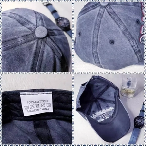 Detailed views of vintage washed cotton baseball cap stitching and 100% cotton inner labels