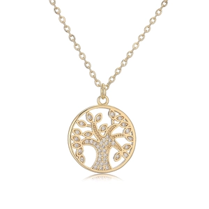 18K gold plated Tree of Life pendant necklace with clear zircons on a white background