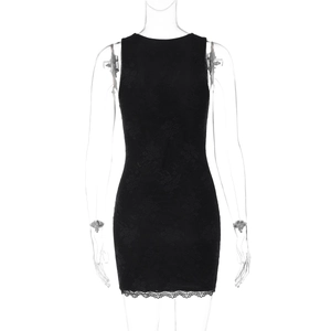 Detail of black lace texture on a sleeveless bodycon dress with intricate floral patterns