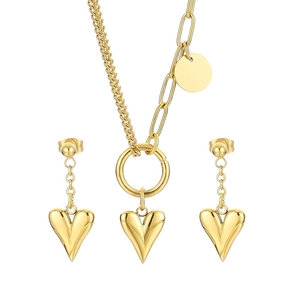 Golden heart jewelry set with cuban link chain necklace and matching stud earrings