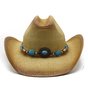 Classic woven straw cowboy hat with turquoise stone band and vintage metal beads