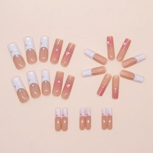 French gradient press-on nails with silver star patterns and 3D pearl decorations