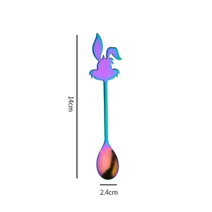 Rainbow stainless steel coffee spoon with rabbit handle, detailed view of 14cm length