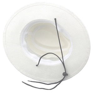 Detail view of white straw hat interior with sweatband, chin strap and care label
