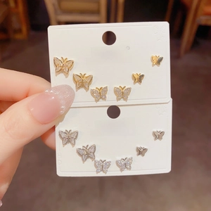 Sweet Copper Butterfly Stud Earrings Set For Women Shiny Rhinestone Inlaid Small Exquisite Daily Commute Jewelry Gold Silver