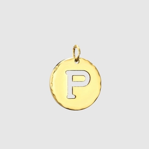 Golden round hammered pendant featuring a silver letter P inlay for DIY jewelry