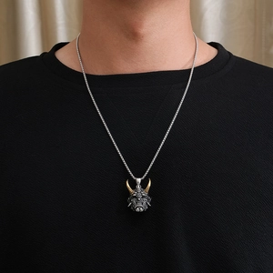 Gothic Japanese Oni mask pendant necklace with gold horns on a titanium steel chain