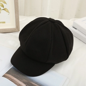 Classic black wool octagonal newsboy hat for women with warm thick felt texture