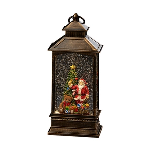Vintage bronze Christmas lantern music box with Santa, snow globe effect and warm LED light