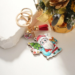 Christmas Santa Claus Keychain With Metal Ring Red Tassel And Sequin Ball Cartoon Holiday Pendant Gift Decor