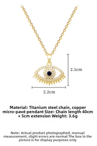 Detail view of Evil Eye pendant dimensions with blue stone and luxury crystal eyelashes