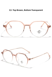 Detail of C2 geometric TR90 eyeglasses with brown gradient frames and anti-blue lenses