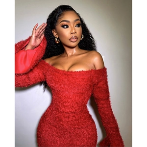 Detailed view of the red off-shoulder slim-fit dress with soft feather texture and long sleeves