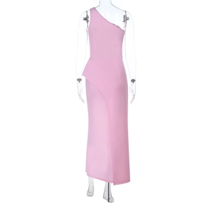 Detailed view of the pink one-shoulder design and asymmetrical wrap hem on the dress