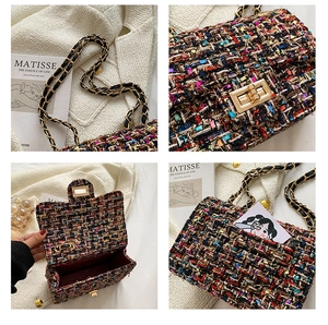 Detailed views of woven tweed bag with gold turn-lock, metal chain, and internal pocket