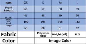 Tableau des tailles détaillé pour veste décontractée femme avec mesures et matières