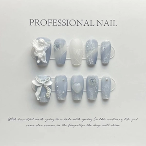 Handmade Foggy Blue Angel Rose Press On Nails 3D Relief Vintage Fake Nails Gradient Long Short Trapezoid Nail Art For Women