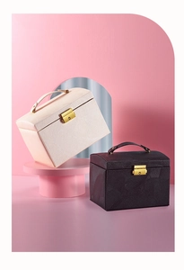 Detail of portable three-tier jewelry box with leather texture and metal buckles
