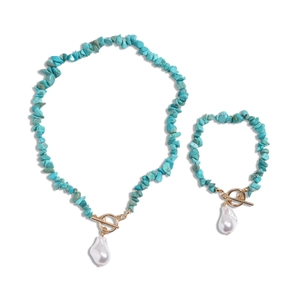 Boho-Schmuckset aus Türkisperlen mit Barockperlen-Anhängern und goldenen OT-Verschlüssen
