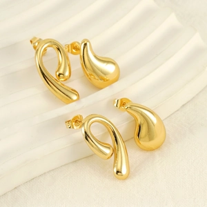 Orecchini A Goccia D'acqua E Curva Astratta Da Donna Acciaio Inossidabile Placcato Oro 18K Lucidato A Specchio