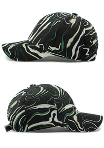 Detailed side views of the graffiti baseball cap showing abstract black and green patterns