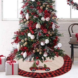 Linen Christmas tree skirt with red plaid border and vintage truck Merry Christmas print