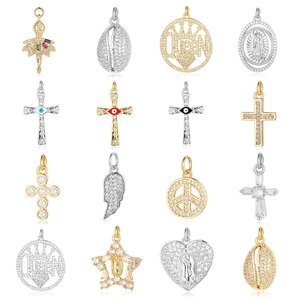 Copper Cubic Zirconia Pendants Charms Cross Virgin Mary Star Shell Angel Wing Evil Eye Religious DIY Jewelry Findings