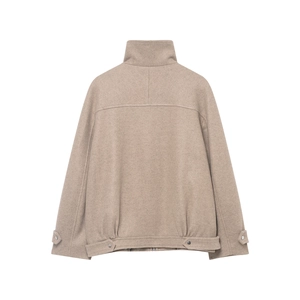 Classic beige wool blend bomber jacket with stand collar and detailed back seam design