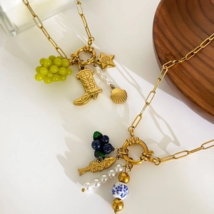 Vintage 18K gold-plated titanium steel necklace with blueberry and pearl charms