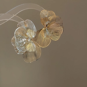 Vue macro de boucles d'oreilles fleurs dorées avec texture filaire sur support transparent
