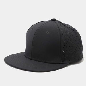 Detail of laser-cut ventilation holes on a quick-dry black snapback flat-brim baseball cap