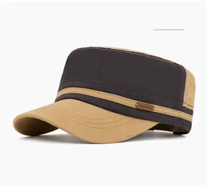 Detail of khaki and grey cadet cap with leather patch and reinforced canvas stitching