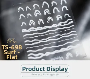 Close-up of white water wave texture nail stickers with flat surfing design details