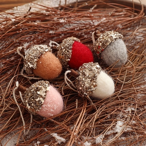 Multicolor wool felt acorn ornaments with sequins and pine needles for Christmas decor