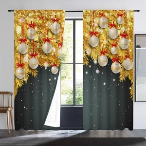 Detail of Christmas window curtains featuring golden pine needles and festive red bows