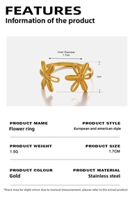 Detailed view of golden stainless steel flower ring with size and weight specifications