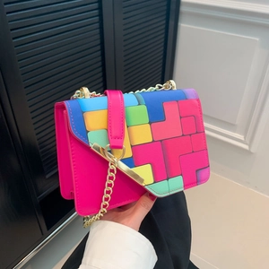 Women PU Leather Crossbody Bag Contrast Color Geometric Pattern Metal Chain Small Square Fashion Shoulder Bag Chic