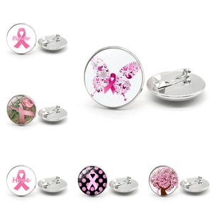 Round Brooch Pin Glass Cabochon Alloy Pink Ribbon Breast Cancer Awareness Charity Jewelry For Women Fighter Hope