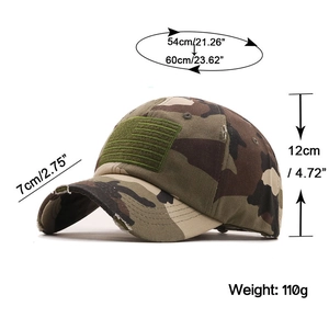 Detailed size specifications for camouflage American flag baseball cap with mesh back