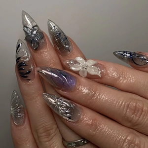 Press On Nails 3D Flower Cat Eye Long Stiletto False Nail Tips With Artificial Pearl Glitter Design Y2K Style For Women