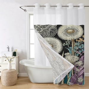 Close-up of floral shower curtain with realistic dandelions and metal rings in bathroom