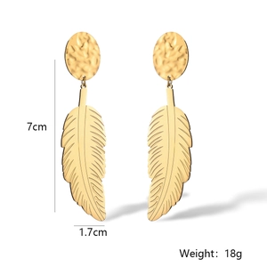 Detailed view of 18k gold plated leaf earrings with size and weight measurements