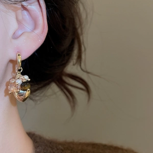 Detailed close-up of tiger eye stone heart tassel earring worn on ear for women